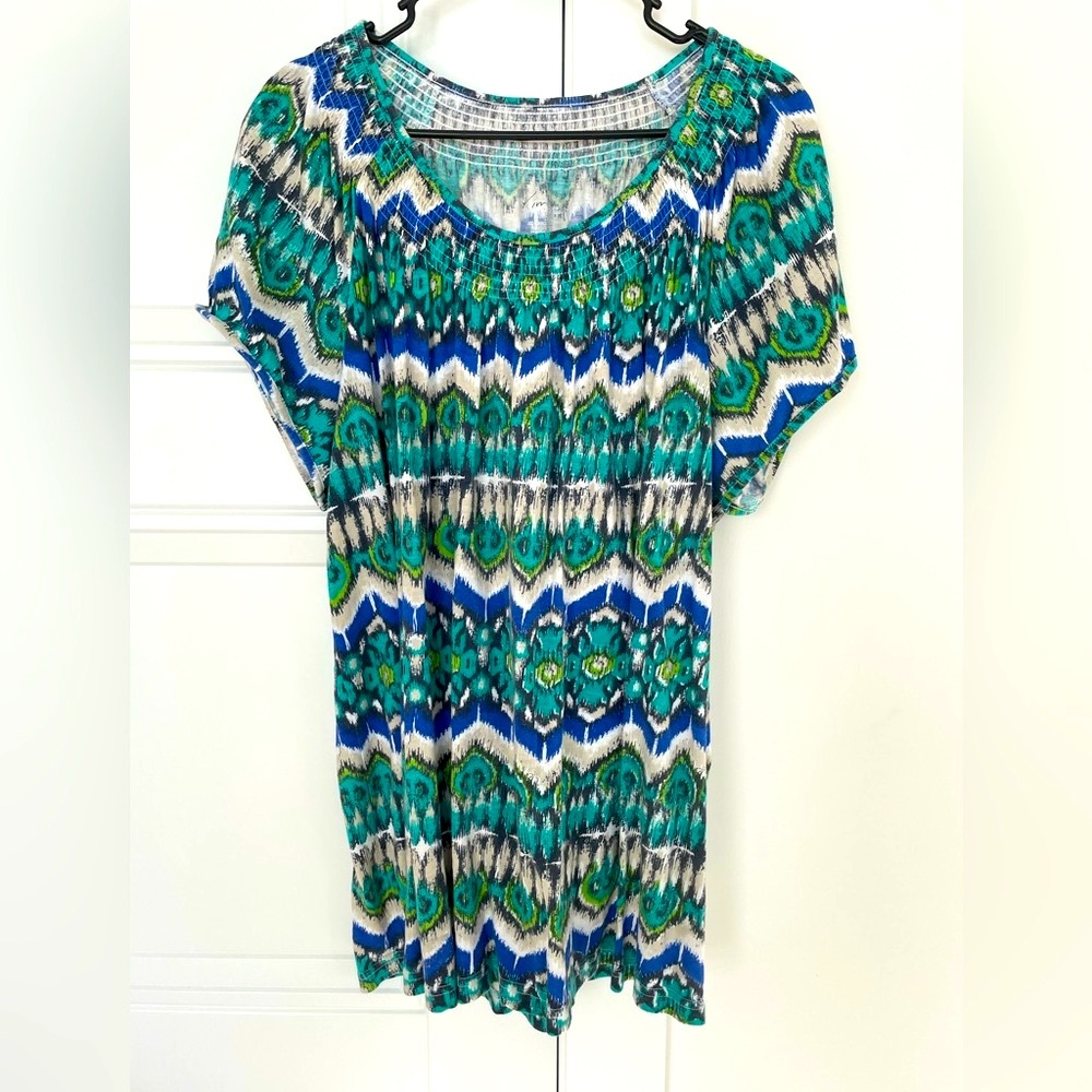 Kim Rogers Woman Teal Green and Blue Abstract Pattern Blouse Top Size 2X